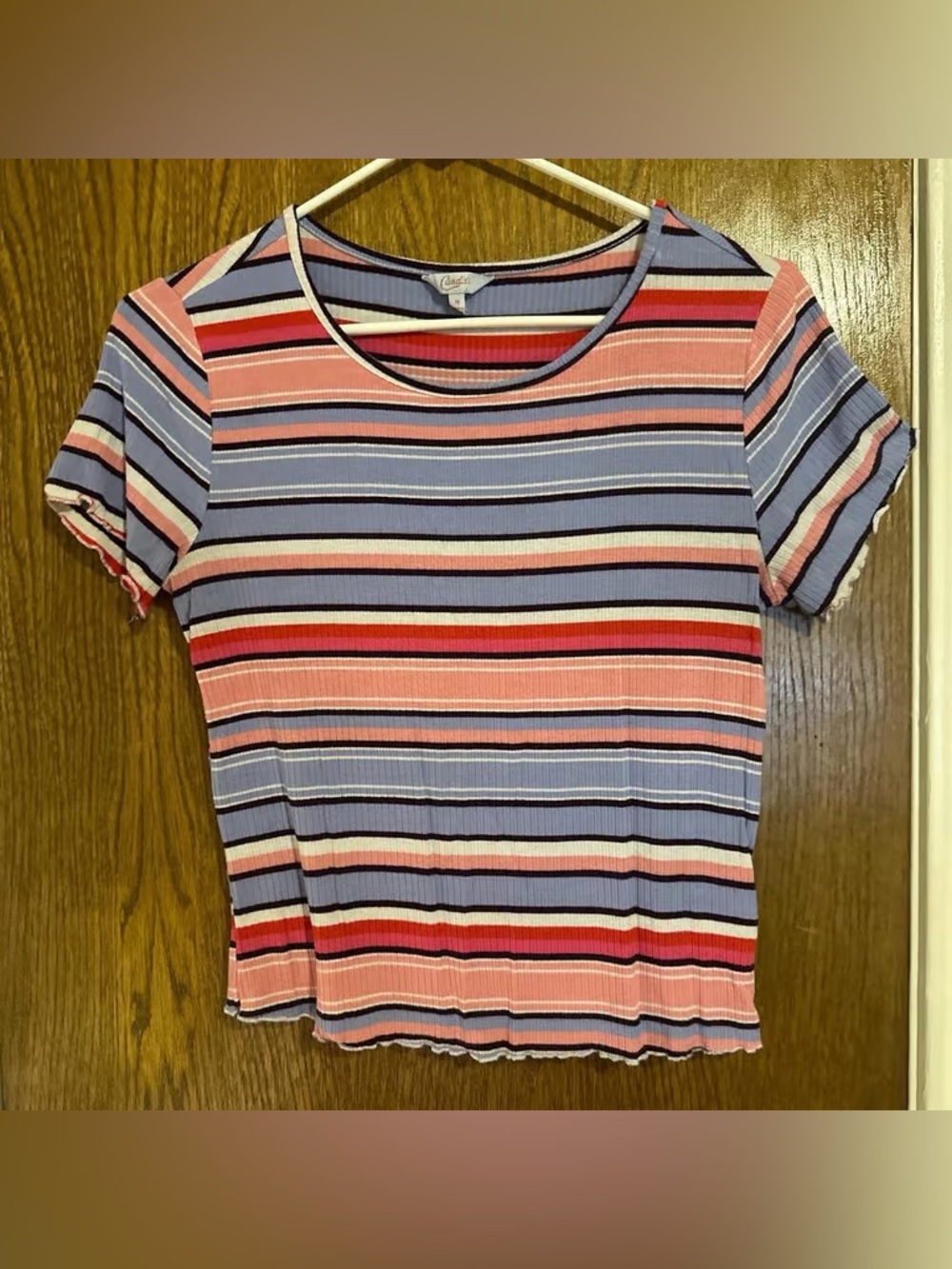 Striped Ribbed Short Sleeve Tee in Pink, Blue & Red